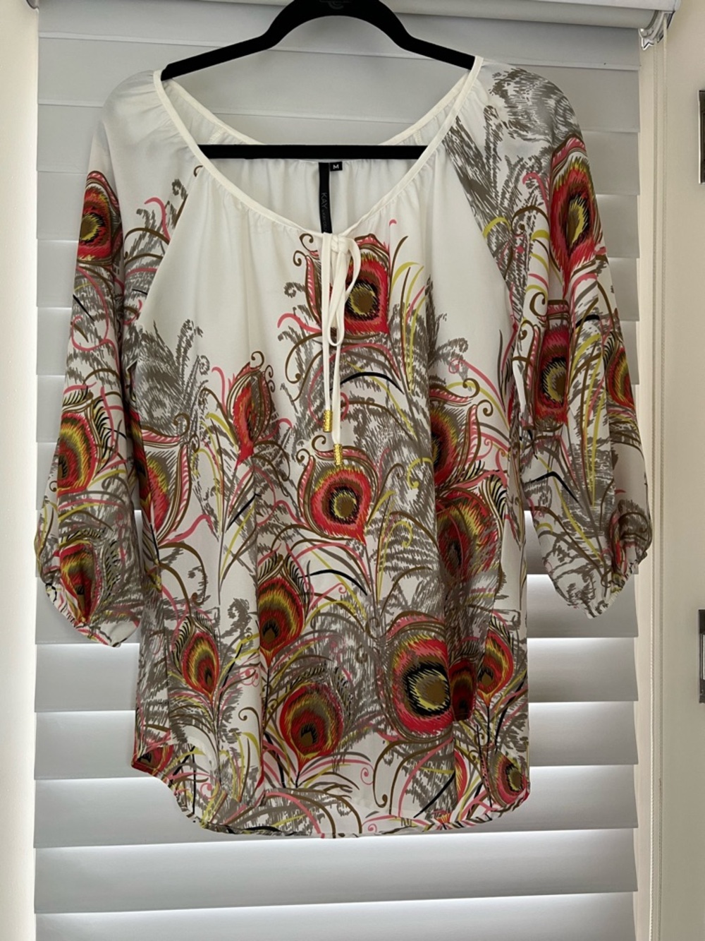 Women's White Peasant Blouse with Multicolor Feather Print